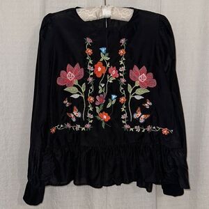 ZARA S Black Multi Floral Embroidered Long Sleeve Cotton Silk Peplum Blouse